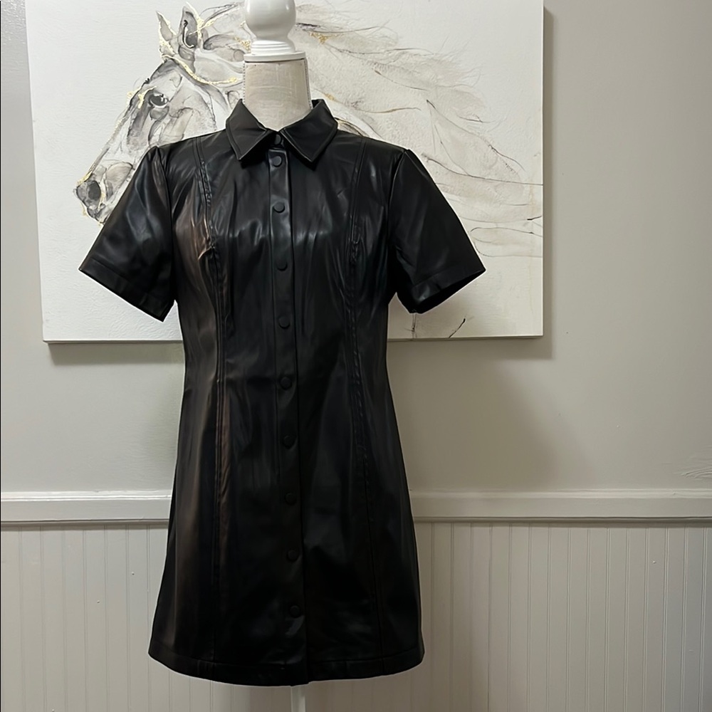 Black Faux Leather Button-Down Dress